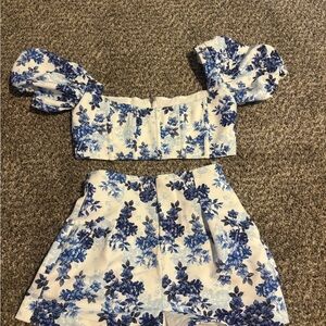 White Fox Boutique Blue and White Floral Jumpsuit
